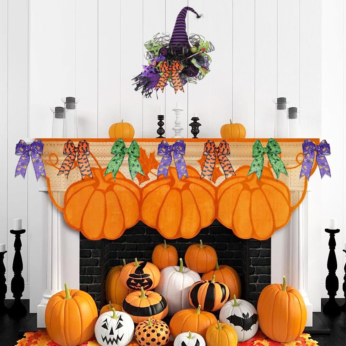 3 Rolls Halloween Wired Edge Ribbon 9.9 Yard Bat Spider Web Skull Pumpkin Printed Ribbons Wrapping Ribbon for Halloween Party Decoration Wreath DIY Craft(Purple,Green,Orange)