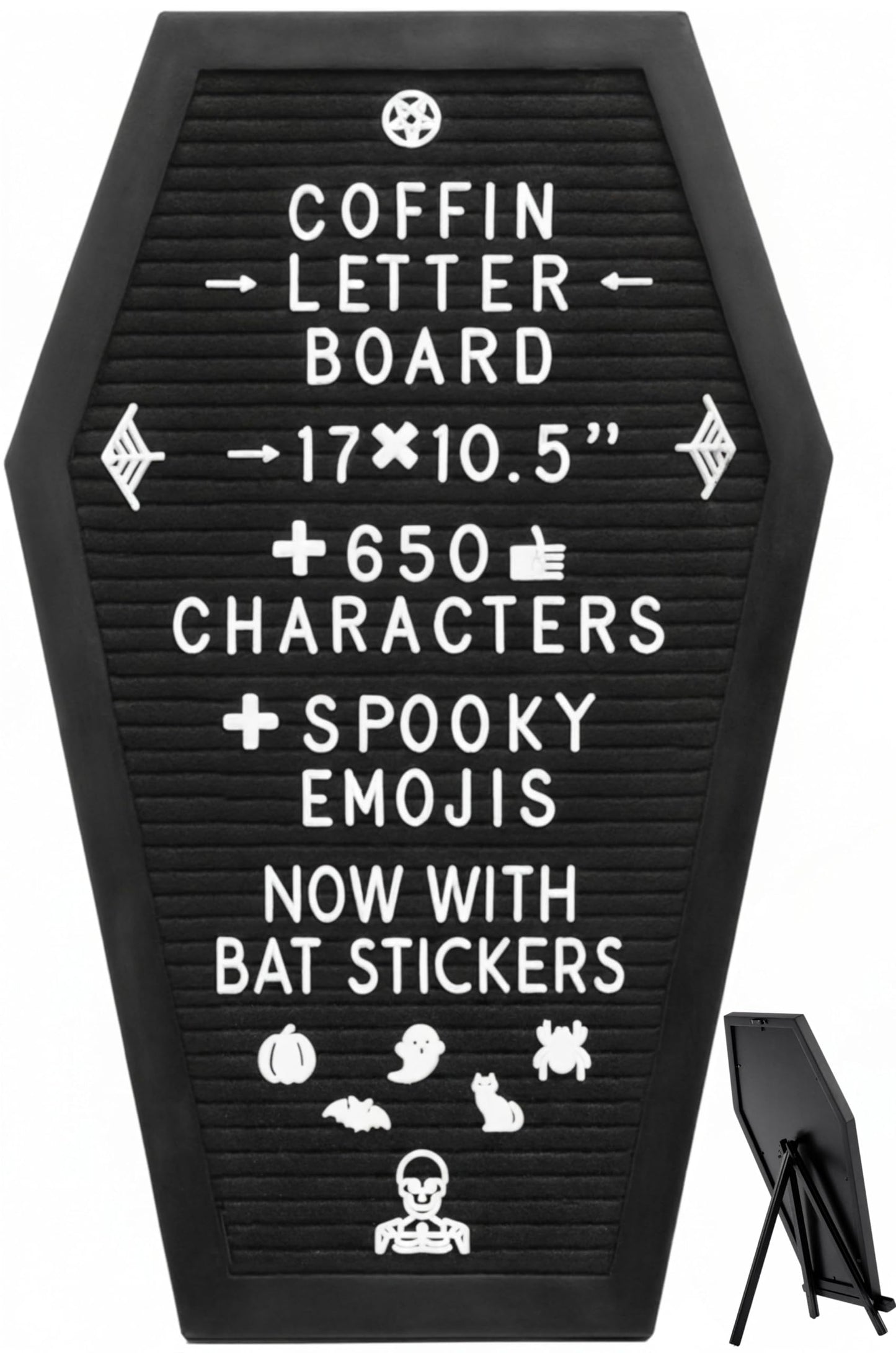 Coffin Letter Board Black +3D Bat Stickers +650 Characters, Spooky & Seasonal Emojis, Wooden Stand - 17x10.5 Inches - Coffin Shaped Goth Decor Sign Witchy Halloween Decorations Gothic Decor Birthday Wedding Home Spooky Gifts