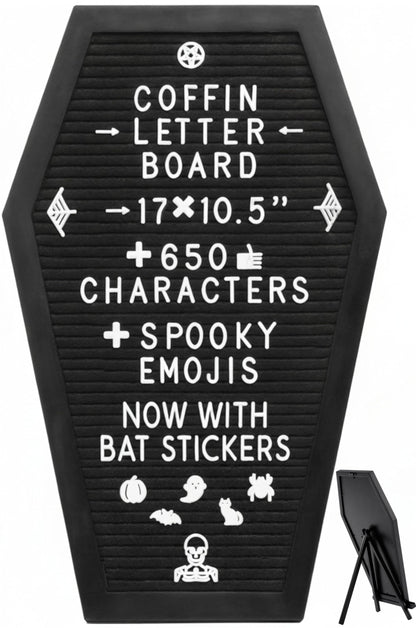 Coffin Letter Board Black +3D Bat Stickers +650 Characters, Spooky & Seasonal Emojis, Wooden Stand - 17x10.5 Inches - Coffin Shaped Goth Decor Sign Witchy Halloween Decorations Gothic Decor Birthday Wedding Home Spooky Gifts
