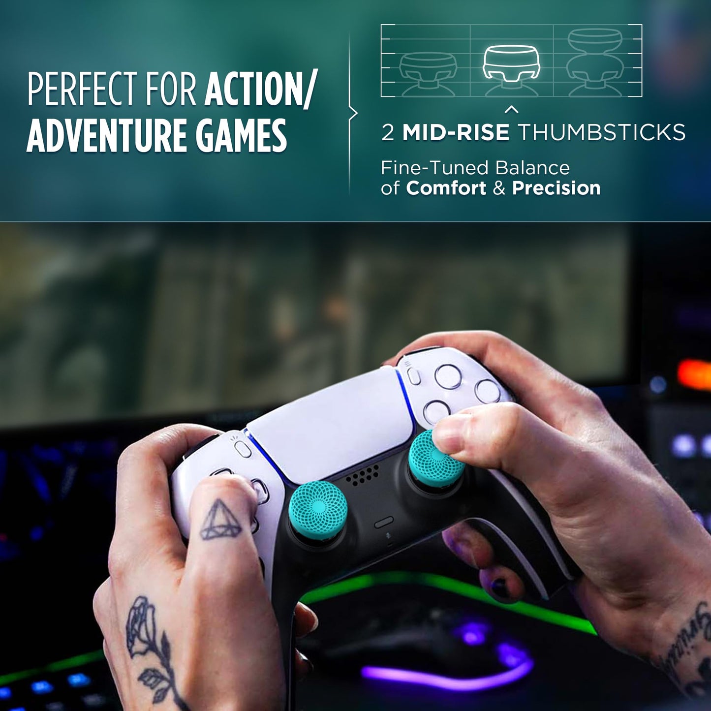 KontrolFreek Lotus for PlayStation 5 (PS5) and PlayStation 4 (PS4) | Performance Thumbsticks | 2 Mid-Rise Concave | Teal/Clear