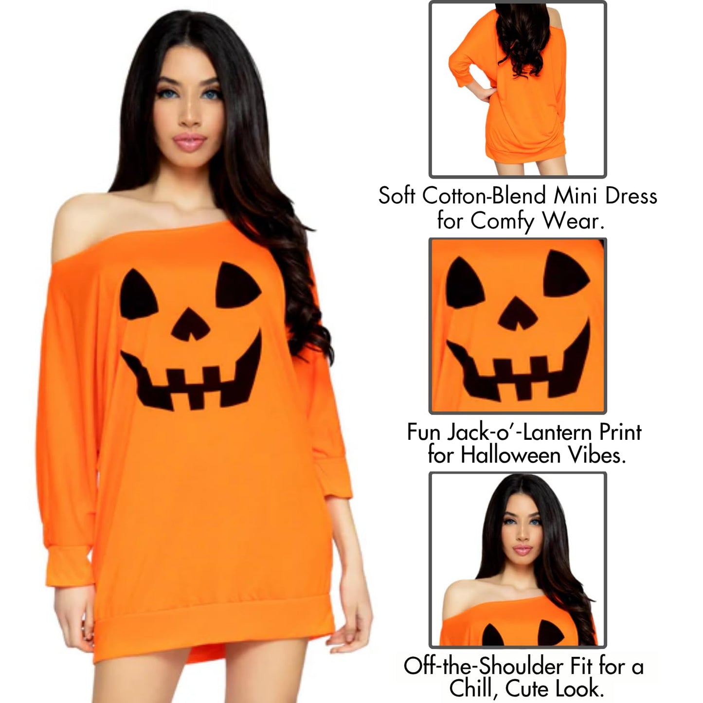 Leg Avenue Women's Casual Jersey Halloween Shirt Dress, Orange Pumpkin, X-Large