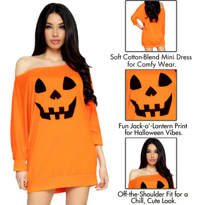 Leg Avenue Women's Casual Jersey Halloween Shirt Dress, Orange Pumpkin, X-Large