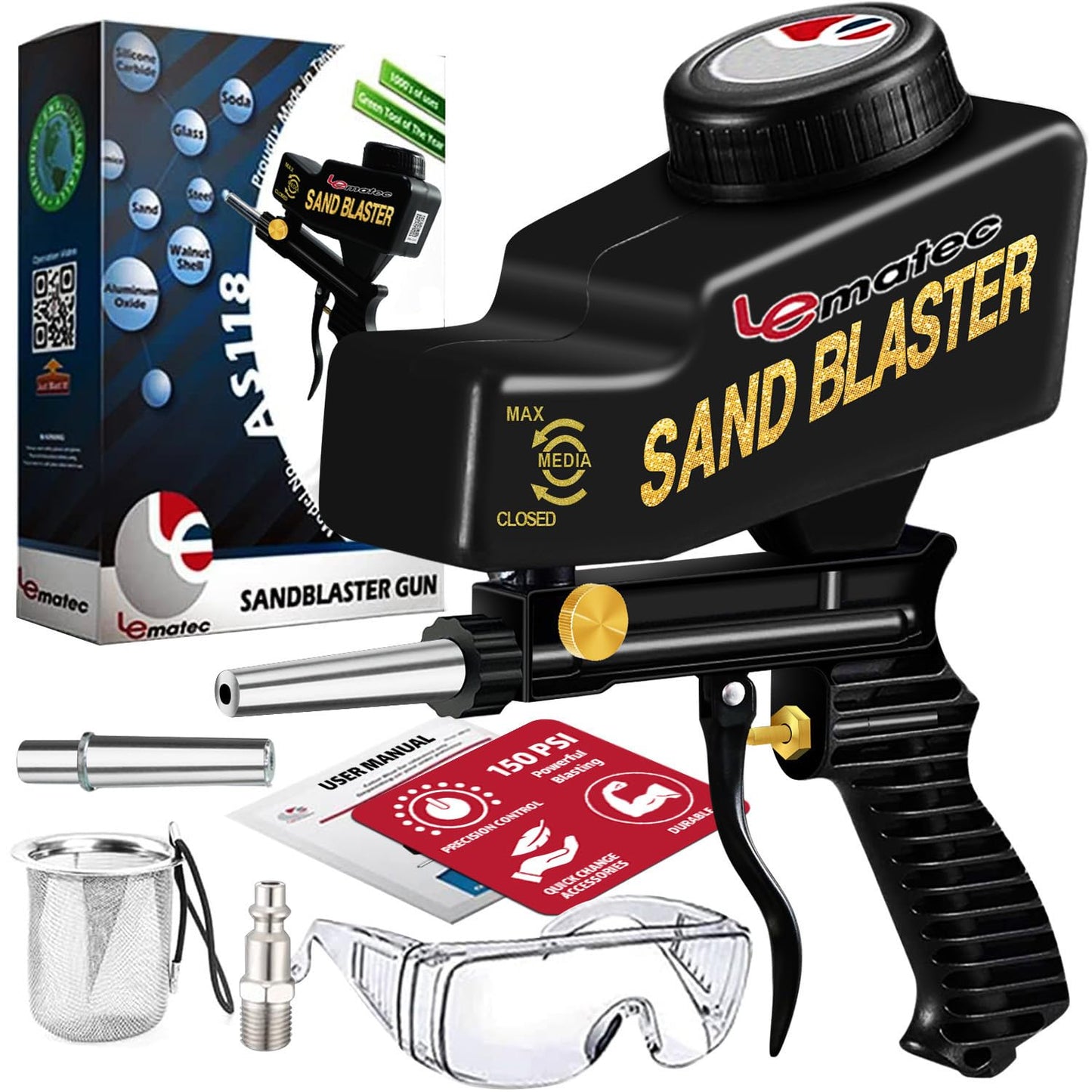 LE LEMATEC Portable Sand Blaster Gun for Small Projects - Required150PSI Air Compressor (4+ CFM) Detail Work, Rust Removal, Glass Etching - Black (AS118)