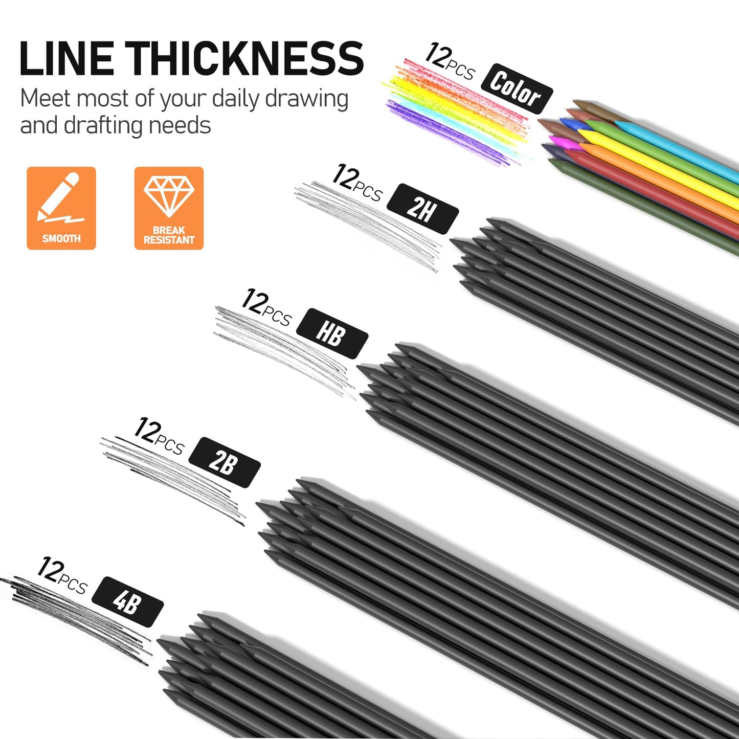 Four Candies 2MM Mechanical Pencil Set with case, Artist Led Pencil Metal Lead Holder with 60PCS Graphite Lead Refill (HB, 2H, 2B, 4B, Color) Kneaded Eraser, Sharpener for Writing, Drawing, Sketching