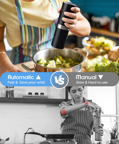 Electric Salt and Pepper Grinder Set, New Rechargeable Salt and Pepper Mill with 4*Rechargeable Batteries, Charging Base, White Light, One Hand Automatic Operation, Black, 2Pack