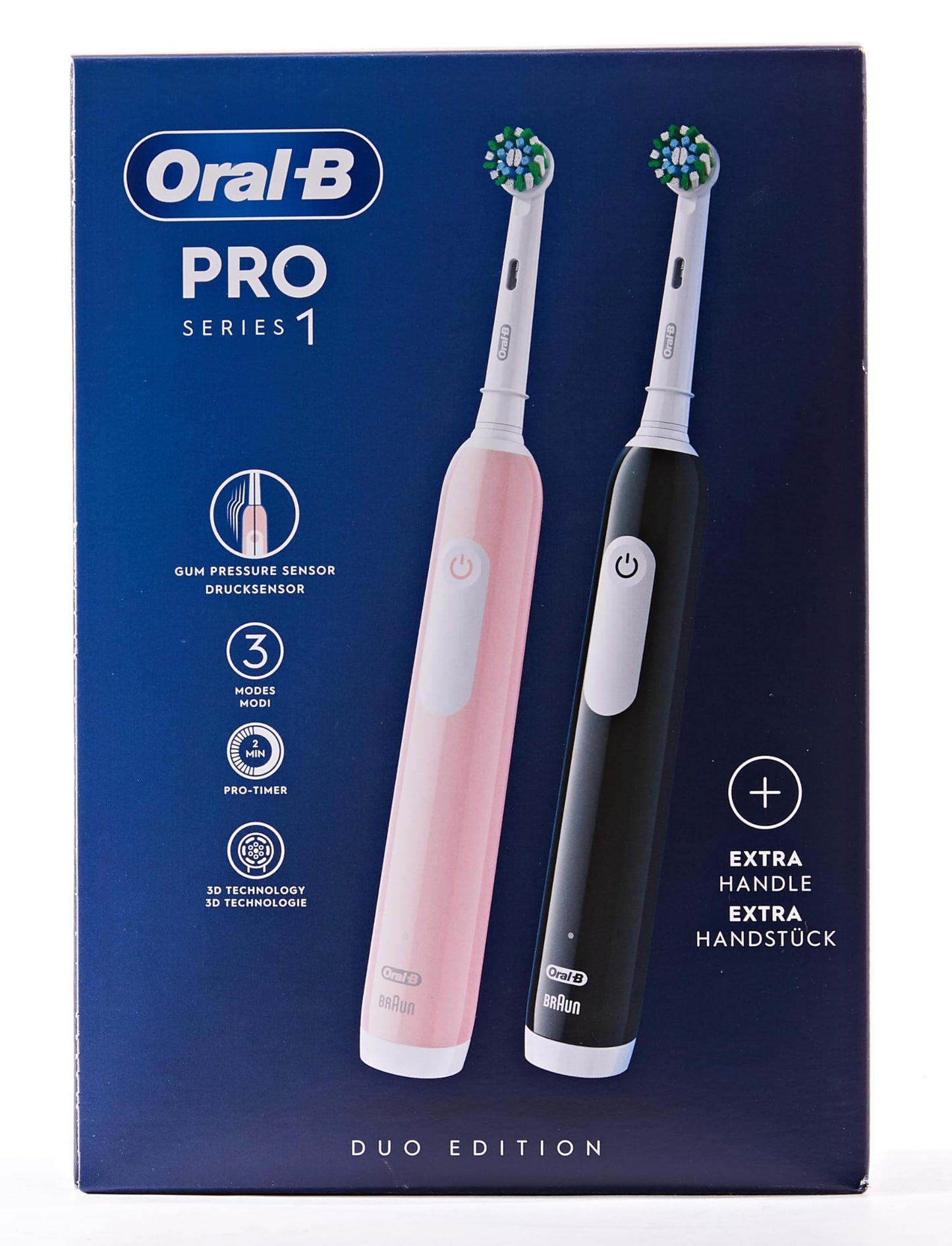 Oral-B Pro Series 1 Electric Toothbrush, Double Pack, 2 Replacement Brushes, 3 Cleaning Modes and Pressure Sensor for Dental Care, Designed by Braun, Pink/Black