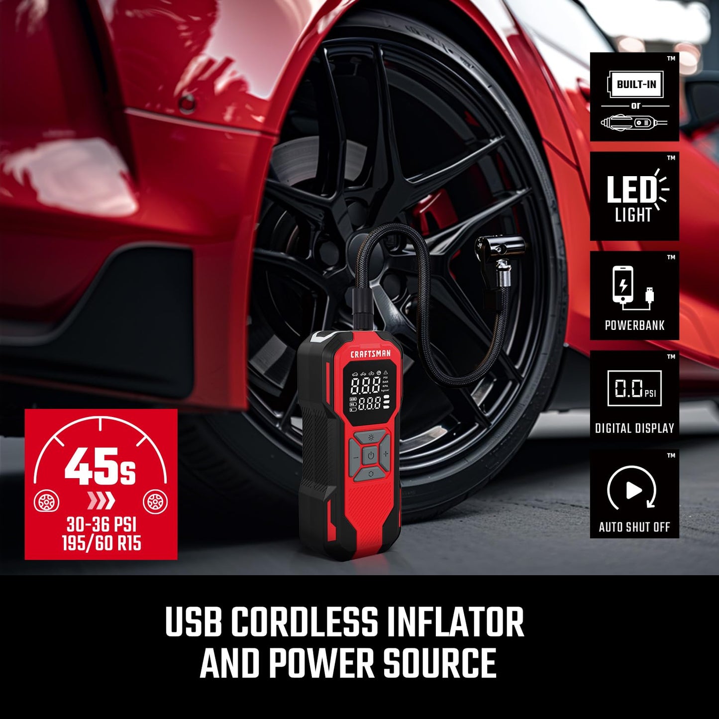 CRAFTSMAN Tire Inflator Portable Air Compressor, Cordless Mini Air Pump for Car Tires with Digital Tire Pressure Gauge, 6000mAh Battery Powered Air Pump, Max Pressure 150 PSI, 12V DC Corded