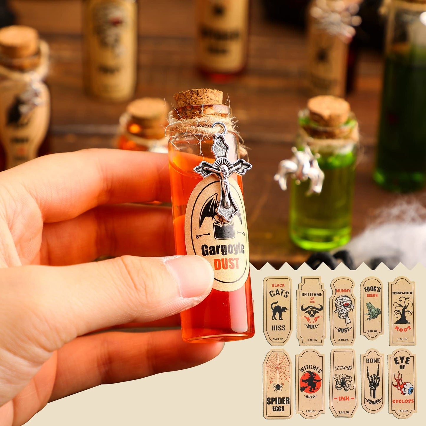 53 Pcs Halloween Mini Potion Bottles Set Including 12 Decorative Glass Bottles with Cork Stoppers 20 Creepy Apothecary Bottle Labels Stickers 20 Charms Pendants 1 String (5/10/15/20 ML,Classic)