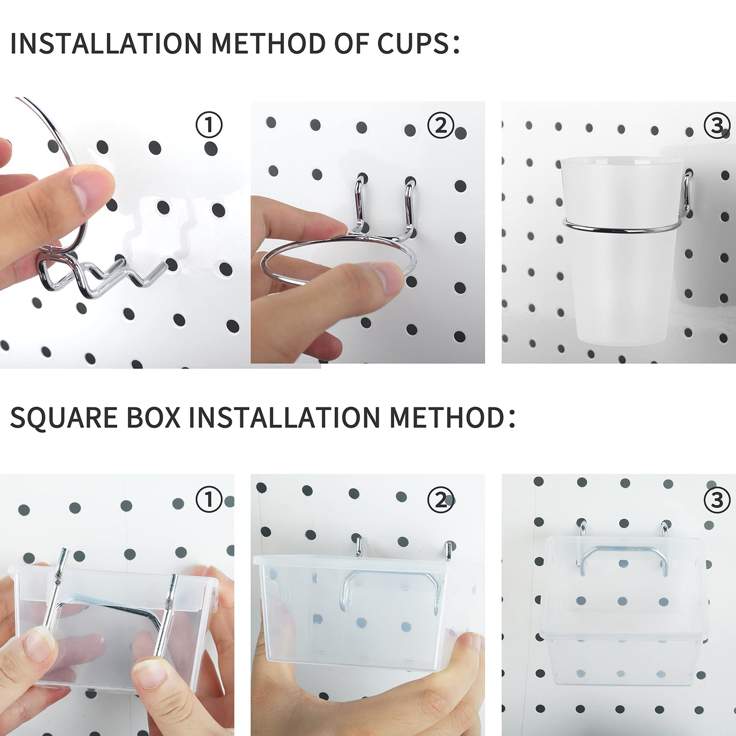 Kuhome 6 Sets Pegboard Bins and Cups with Pegboard Hooks, Pegboard Accessories Baskets, Hooks for Pegboard Cup Holder for Organizing Craft Tools Storage Garage Office Workbench Transparent