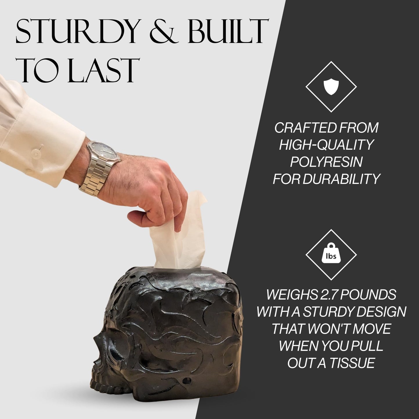 Gothic Skull Tissue Box Cover – Heavyweight Square Tissue Holder – Won’t Move When Pulling a Tissue – Black Home & Bathroom Décor – Home Gift for Women & Men, Goth, Horror, & Halloween Enthusiasts