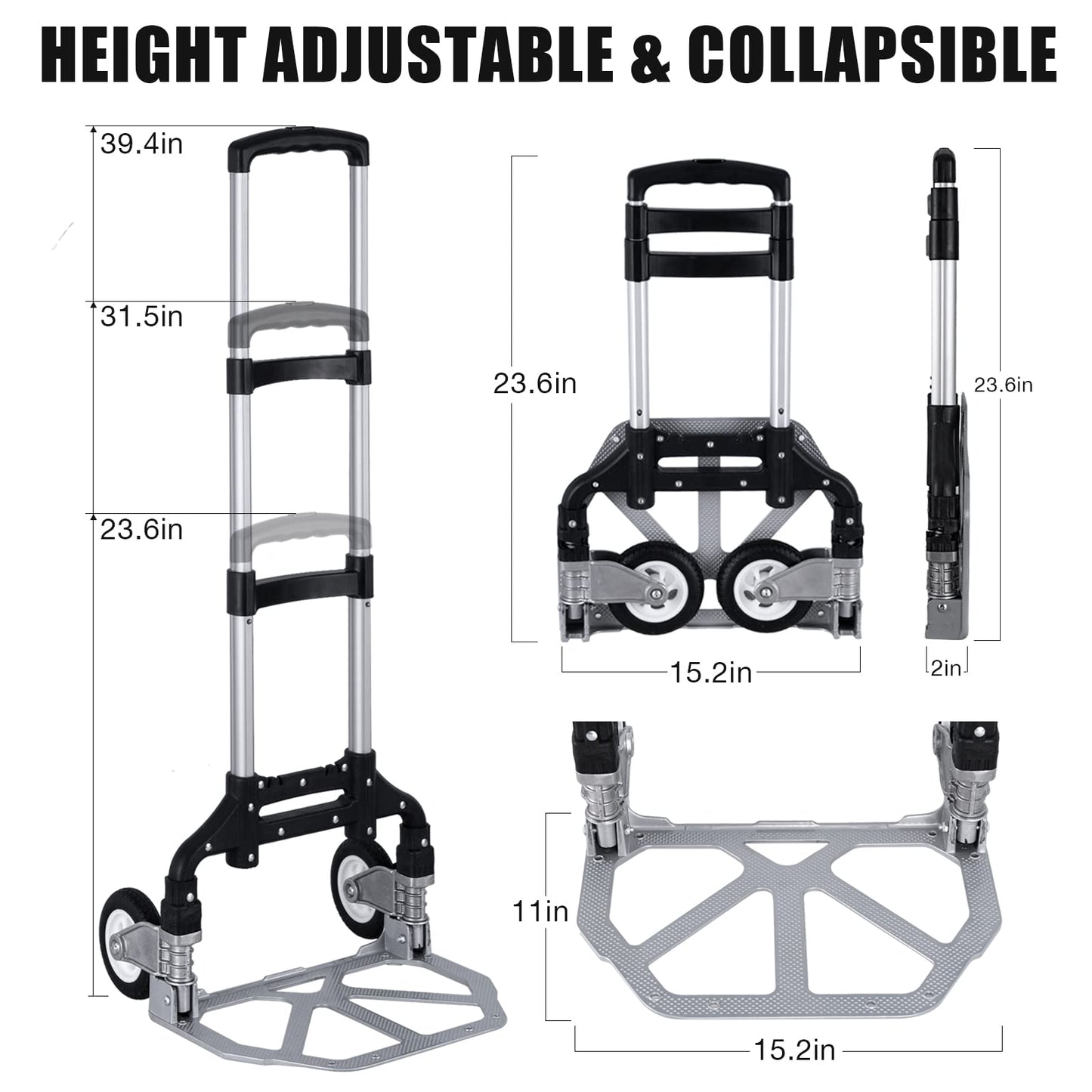 Folding Hand Truck Portable Foldable Dolly Cart Aluminum Luggage Cart Trolley Cart Black MAX Load 180 lbs, with Black Bungee Cord, Telescoping Handle,Solid Aluminium Wheel suspensions, Double Bearings