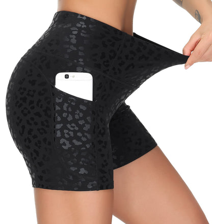 Dragon Fit High Waist Yoga Shorts for Women with 2 Side Pockets Tummy Control Running Home Workout Shorts (Medium, Black Leopard)