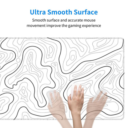 Abstract Topographic Map White Grey Black Gaming Mouse Pad Long Mouse Pad Large Desk Mat 31.5 X 11.8 Inch Mousepad with Non-Slip Base Stitched Edge Keyboard Mat for Gaming Office