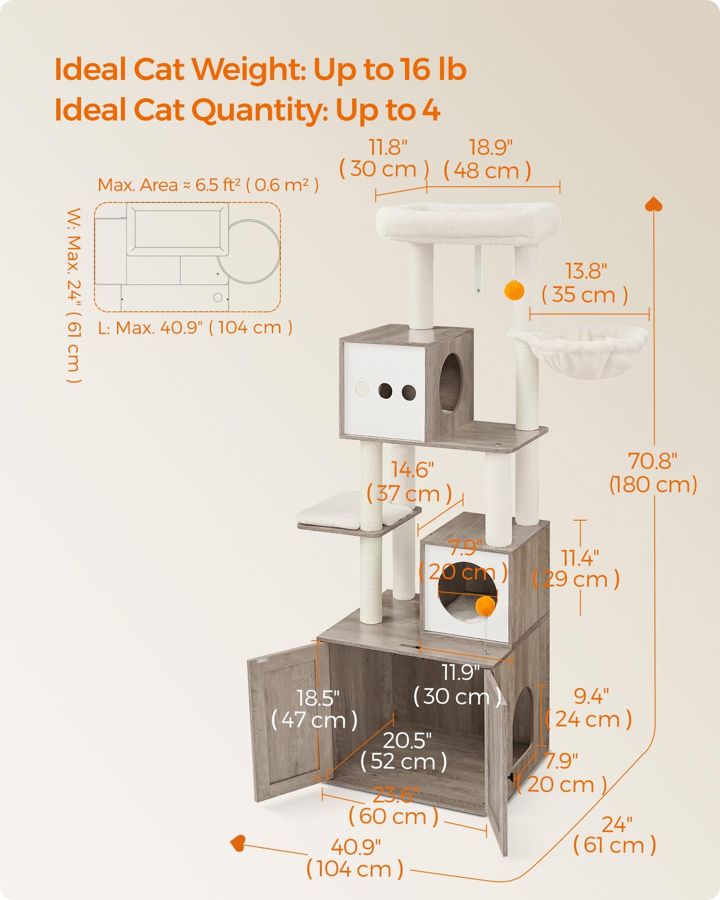 Feandrea Cat Tree with Litter Box Enclosure, 2-in-1 Modern Cat Tower, 70.8-Inch Tall Cat Condo with Scratching Posts, Perch, Caves, Basket, Washable Cushions, Heather Greige UPCT116G01