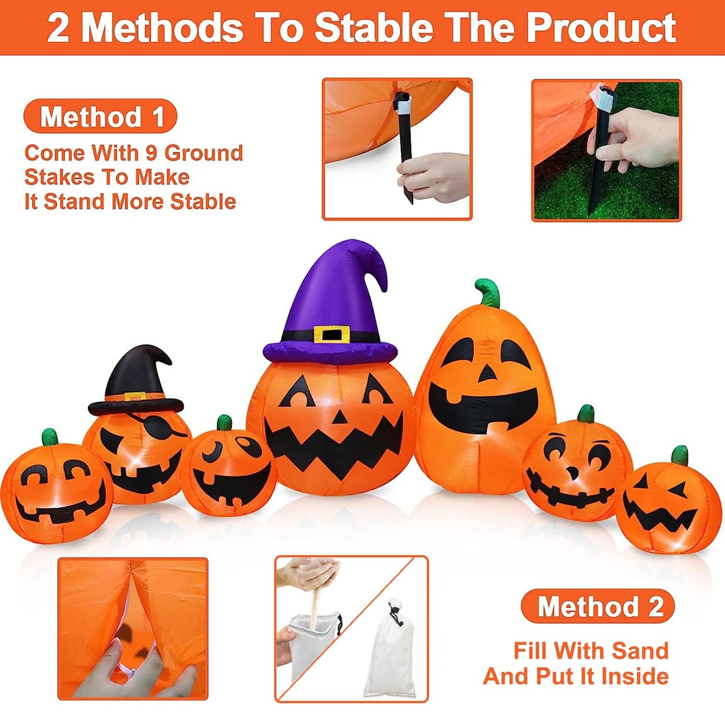12 Ft Long Halloween Inflatables Pumpkins Outdoor Yard Decoration, 7 PCS Blow up Pumpkins and 2 Witch Hats Built-in LED Lights for Home Holiday Party Lawn Patio Outside