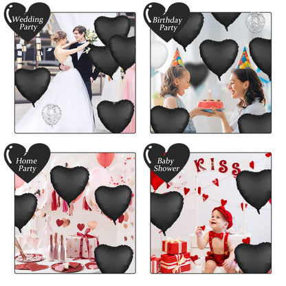Foil Heart Balloons - 10 Black Heart Shaped Balloons, 18inch Metallic Foil for Valentines Day, Wedding, Birthday, Halloween Party