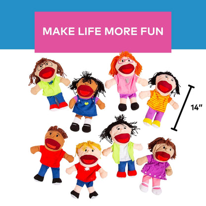 Fun Express 14" Happy Kids Stuffed Hand Puppets with Movable Mouths - 8 Puppets - Multicultural - Great for School and Home