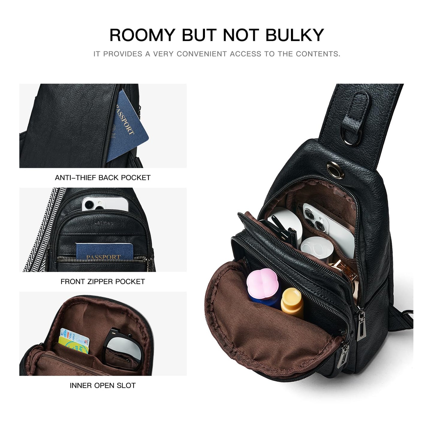 LATMAP Sling Bag For Women Faux Leather Anti Theft Small Casual