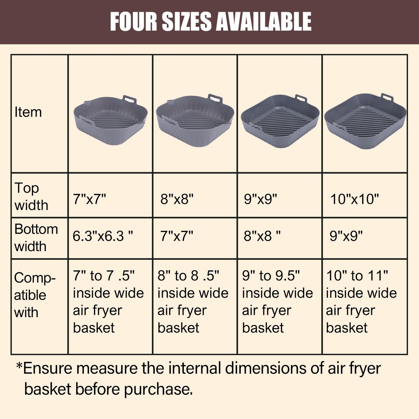 Golden Associate Silicone Liners Square for Air Fryer, 2 Pcs Non-stick Food-grade Reusable Basket Silicone Pot Baking Tray Airfryer Accessories, Top Size 9 inches, Bottom Size 8 inches