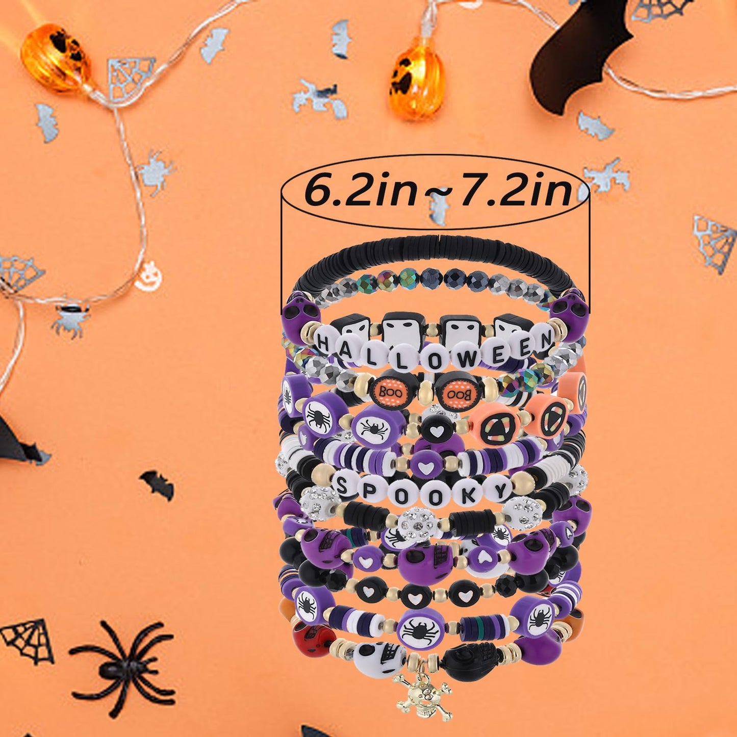 Cooluckday 10 Pcs Stackable Bracelet Set - Halloween Bracelets with Pumpkin, Spider, Ghost Charms - Stretch Bracelets for Women - BOO Happy