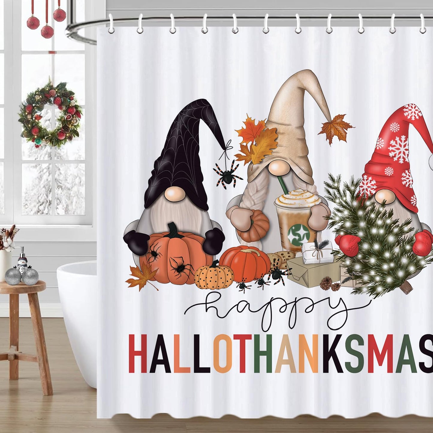 Halloween Hallothanksmas Gnome Shower Curtains for Bathroom, Waterproof Fall Autumn Thanksgiving Christmas Shower Curtain Set with 12 Hooks, 72x72