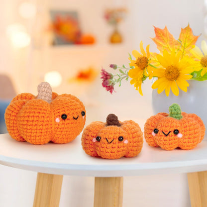 Crochetta Crochet Kit for Beginners, Crochet Starter Kit with Step-by-Step Video Tutorials, Crochet Animal Kits for Adults and Kids, DIY Craft Supplies, 3 Pack Halloween Pumpkins Family (40%+ Yarn)