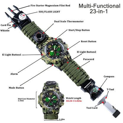 Kavie Mens Tactical Military Digital Watch, 23-in-1 Survival Multi-Functional Army Outdoors Waterproof Camouflage Sports Watches LED Electronic Wristwatches with Compass Paracord Band