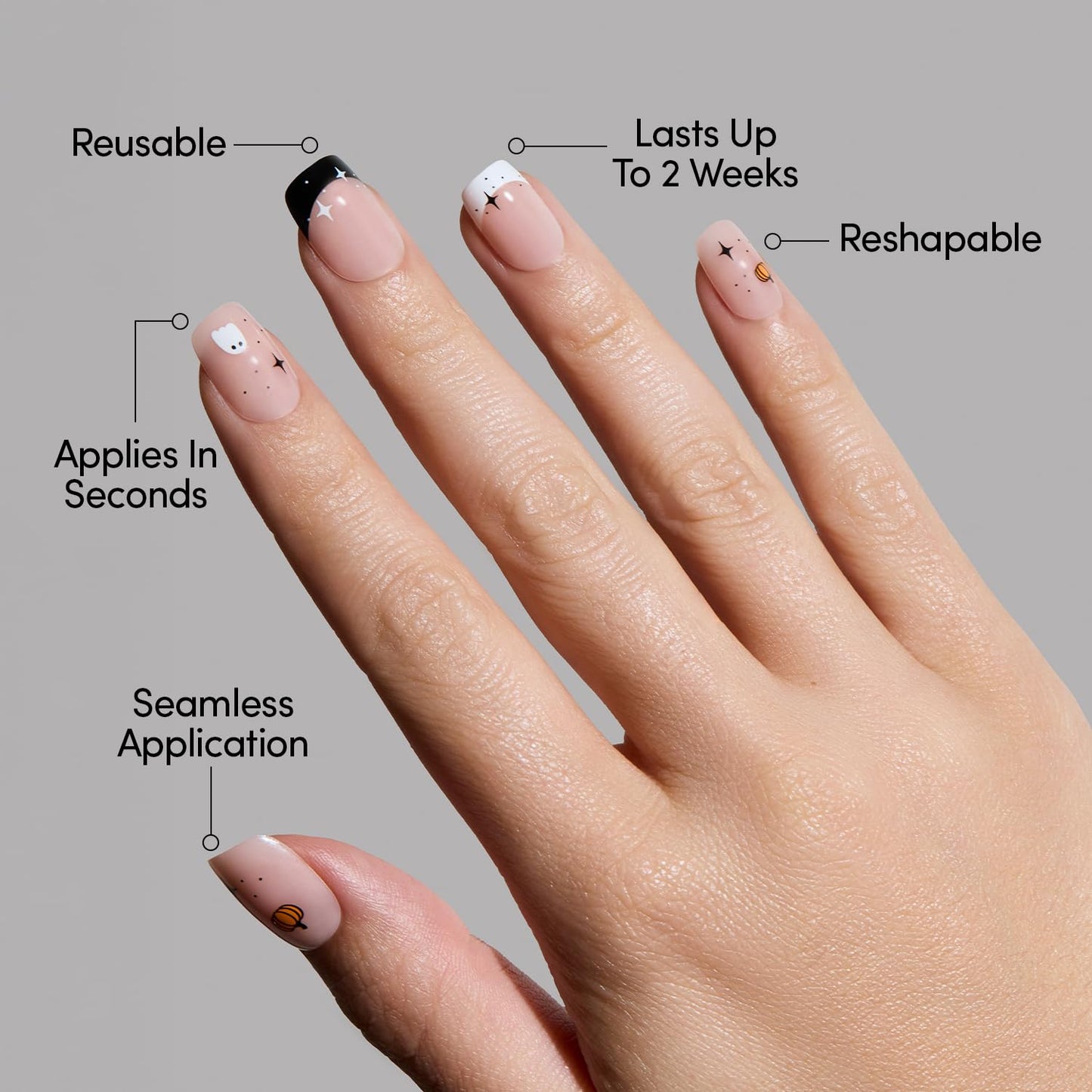 Glamnetic Press On Nails - Tiny Pumpkin | Short Squoval French Tip Fake Nails with Pumpkin Graphics & Glossy Finish, Salon Quality Halloween Nails | 15 Sizes - 30 Nail Kit with Glue