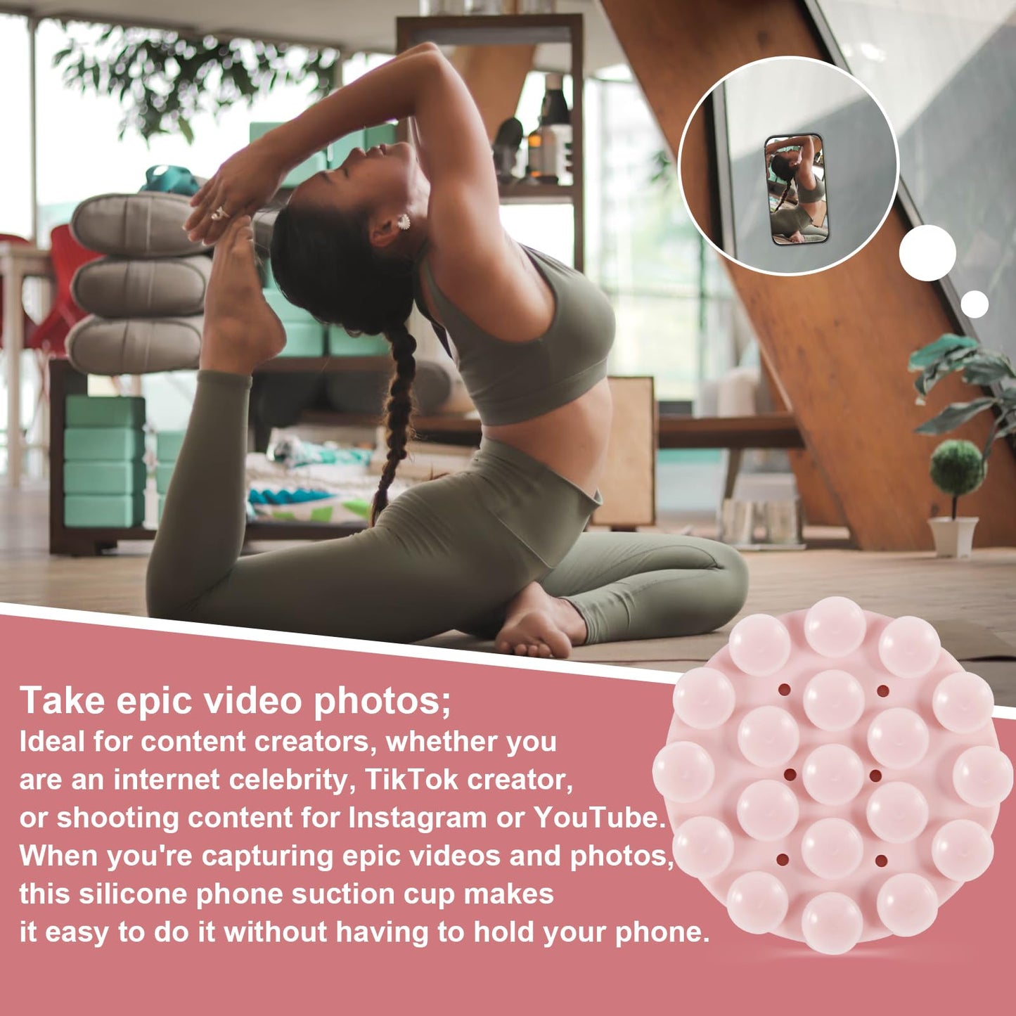 2 in 1 Double-Sided Phone Mount, 2.76x0.33 Inch Round Silicone Suction Cup Phone Holder, Multipurpose Suction Phone Case Adhesive for Mobile Phones (Black+Pink)