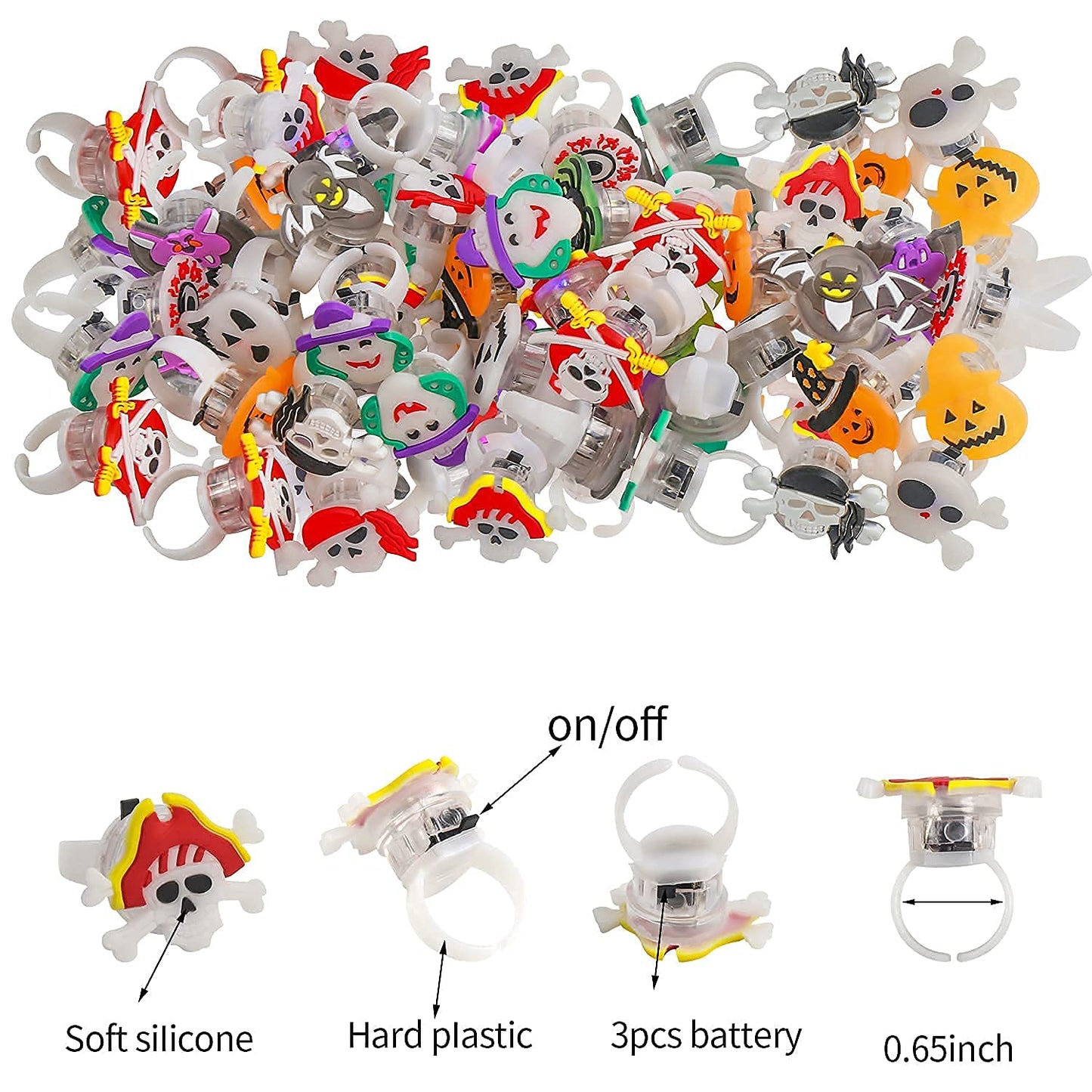 DERAYEE Halloween LED Rings for Kids, 50Pcs Light Up Ring Toys Halloween Party Favors Flash Finger Lights Glow in The Dark Treats Goodie Bag Fillers