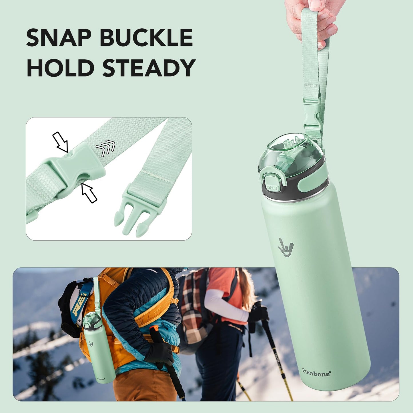 Enerbone 32 oz Insulated Water Bottle, Stainless Steel Bottle with Carrying Strap, Double-Wall Vacuum Insulation Design, Leakproof Sports Bottle with Straw, Keep Drinks Cold or Hot for Hours