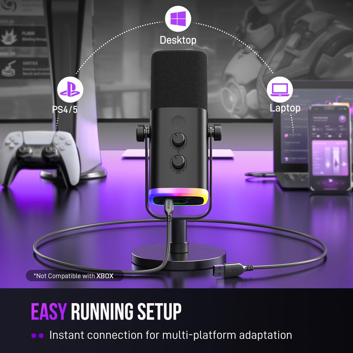 FIFINE USB/XLR Dynamic Microphone for Podcast Recording, PC Computer Gaming Streaming Mic with RGB Light, Mute Button, Headphones Jack, Desktop Stand, Vocal Mic for Singing YouTube-AmpliGame AM8