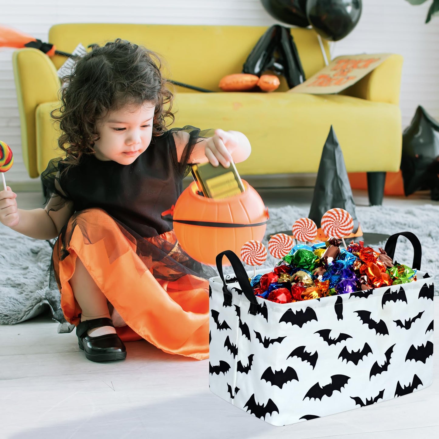 KUNRO Bat Pattern Halloween Storage Gift Basket Canvas Storage Bins with Handles Rectangle Storage Cubes Organizer for Bedroom Living Room