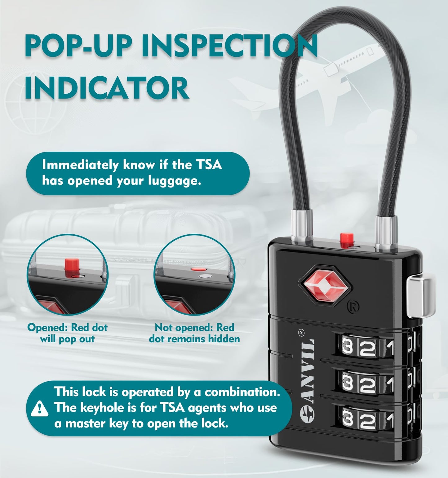 ANVIL TSA Approved Luggage Locks – High Security TSA008 Combination Travel Locks with Inspection Indicator for Suitcases and Backpacks. (2, Black)