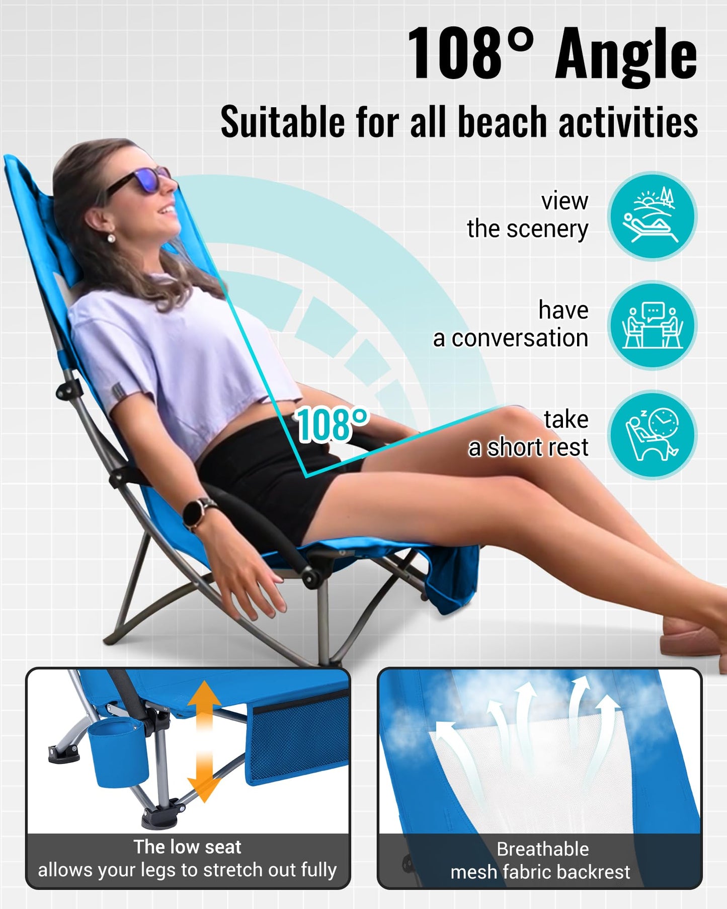 KingCamp High Back Beach Chairs for Adults, Folding Beach Chair with Cup Holder Carry Bag and Mesh Back, Blue Camping Chair for Travel Lawn Outdoor Festival