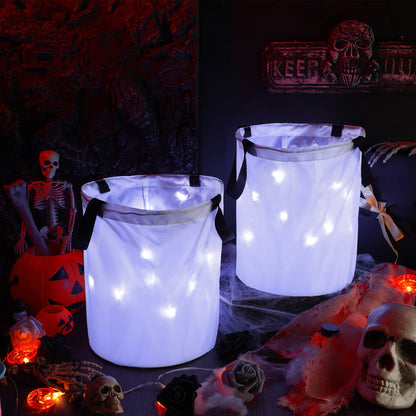 2 Pieces LED Light Halloween Trick or Treat Candy Bags Light up Goodie Trick or Treating Bags Kids Multipurpose Reusable Gift Bucket for Halloween Birthday Party Favor(White)