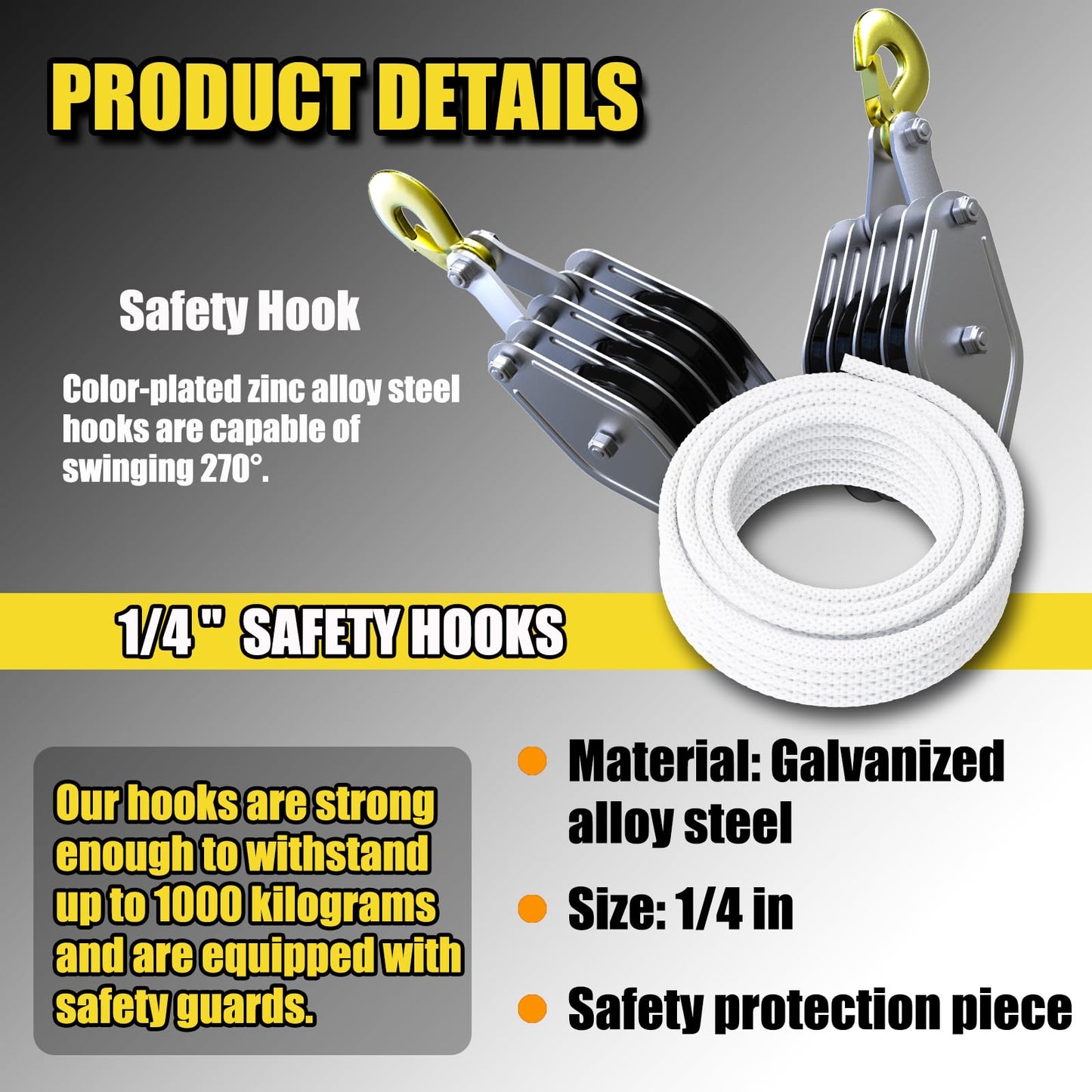 FITHOIST Block and Tackle 4400LBS Breaking Strength Heavy Duty Pulley, 65 Ft Rope Pulley, 7:1 Lifting Power Pulley System, Pulley Hoist with 2 Pcs 8 Ft Lift Sling