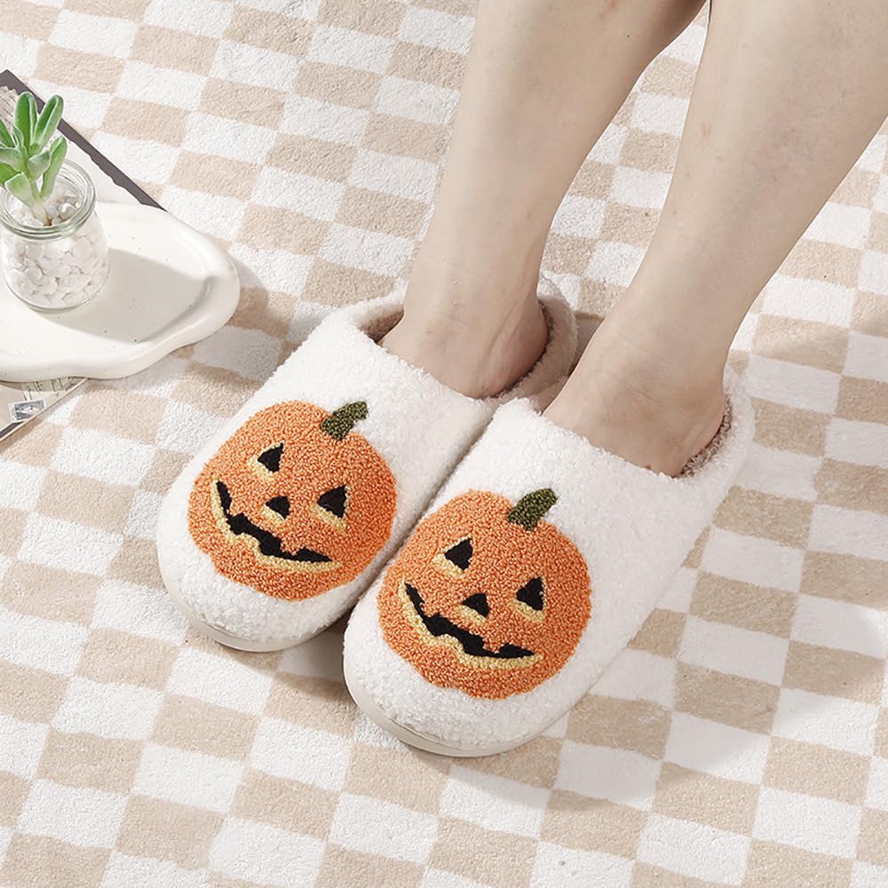 HIPINISS Halloween Pumpkin Slippers for Women Men Halloween Spooky Lantern Pumpkin Plush Warm Slippers Indoor Outdoor Memory Foam House Home Winter Shoes,Pumpkin White 43-44