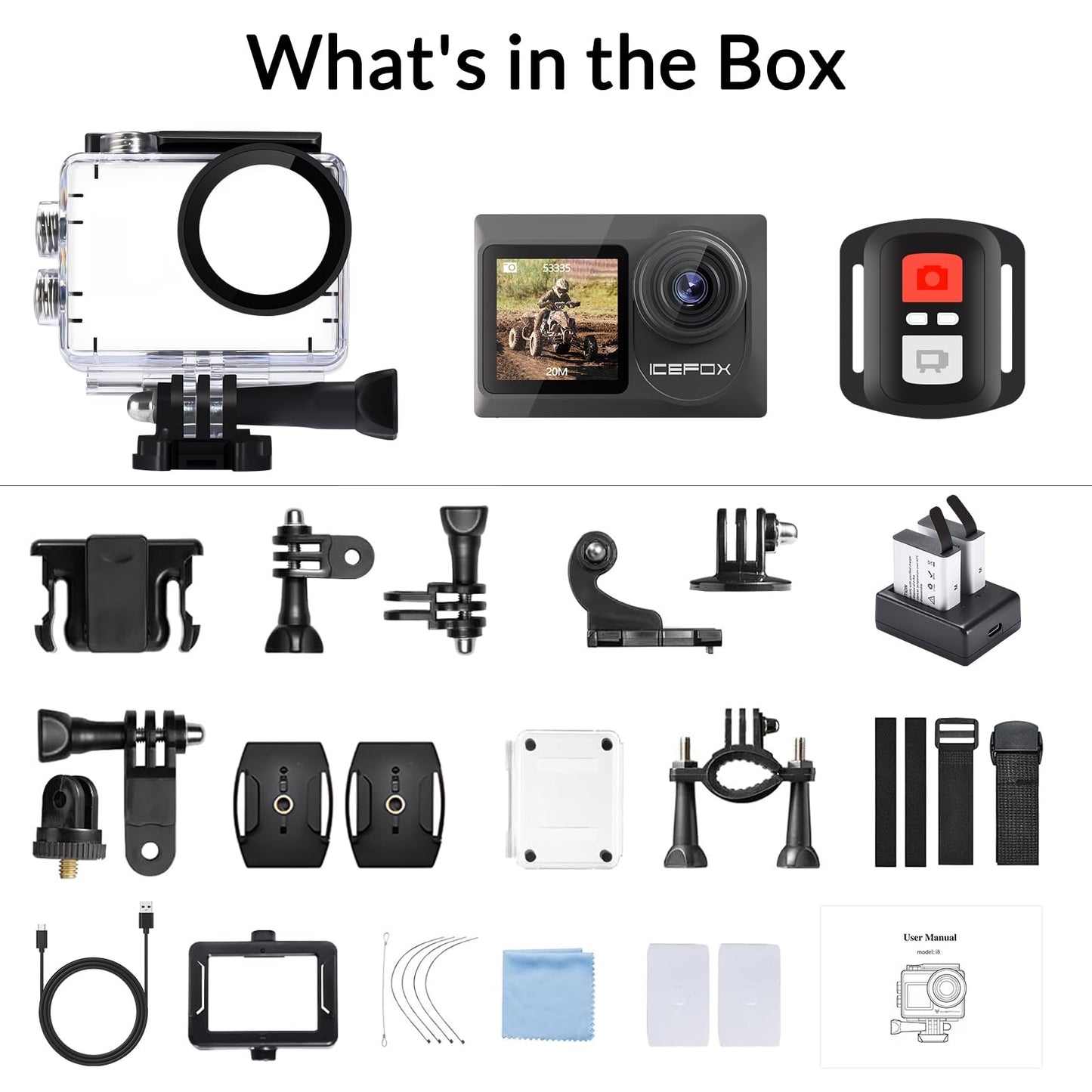 icefox i8 Action Camera with 4K 60FPS 20MP, 5X Zoom, Underwater Waterproof Camera with Optimized EIS, Video & Photo Editing by Snap Pro App, WiFi Remote Control for Diving, Cycling and Vlogging