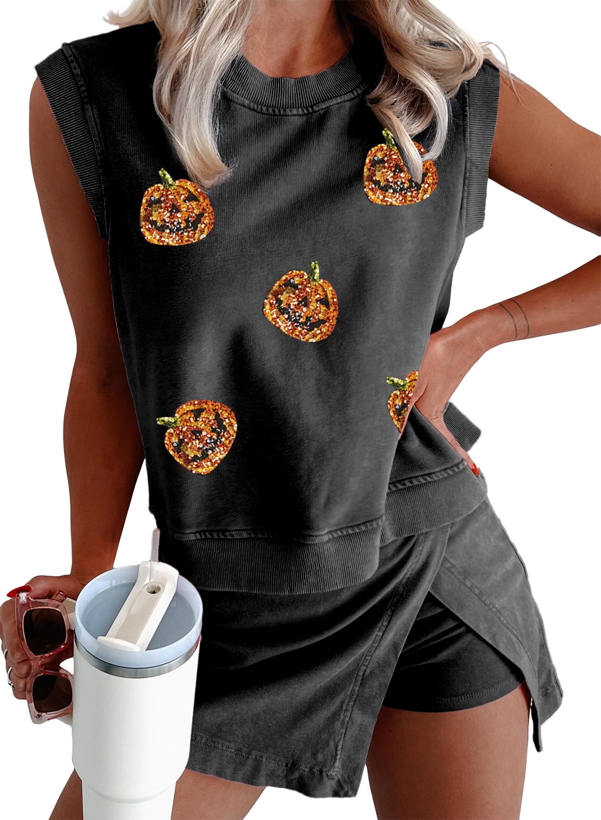 KevaMolly Womens Travel Outfits Halloween Lounge Set 2 Pieces Mineral Wash Cotton Tank Top Lined Split Athletic Skirt Set Pumpkin Black L