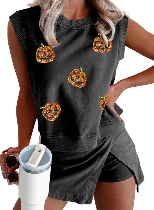 KevaMolly Womens Travel Outfits Halloween Lounge Set 2 Pieces Mineral Wash Cotton Tank Top Lined Split Athletic Skirt Set Pumpkin Black L