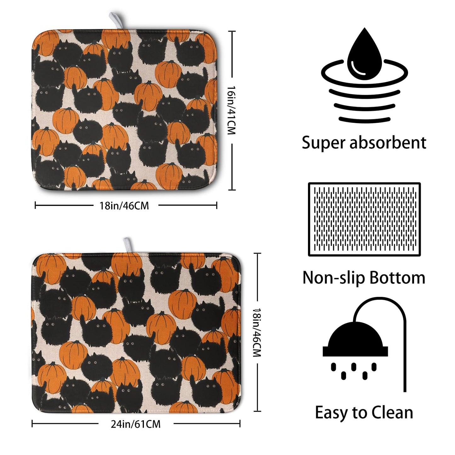 Happy Halloween Dish Drying Mat for Kitchen Counter 18x24 Inch Cute Pumpkin Black Cat Trick or Treat Drying Mats Large Microfiber Absorbent Dish Rack Pad for Coffee Bar Sinks Home Accessories