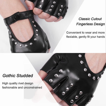 FLORVIV Black Fingerless Gloves PU Faux Leather Goth Cosplay Costume Punk Halloween Performance for Women