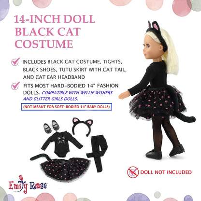 Emily Rose 14 Inch Fashion Doll Clothes | New Improved | 5-PC Black Cat Halloween Costume Clothing Outfit Gift Set, Includes Cat Ears, Tights and Shoes | USA Business