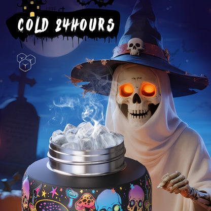 Halloween Insulated Water Bottle with Straw - Stainless Steel Water Bottle with Push Button Lid, Leak-Proof BPA-Free, Keeps Cold for 24 Hours for Halloween gifts, Party (32 oz, Trippy Skulls)