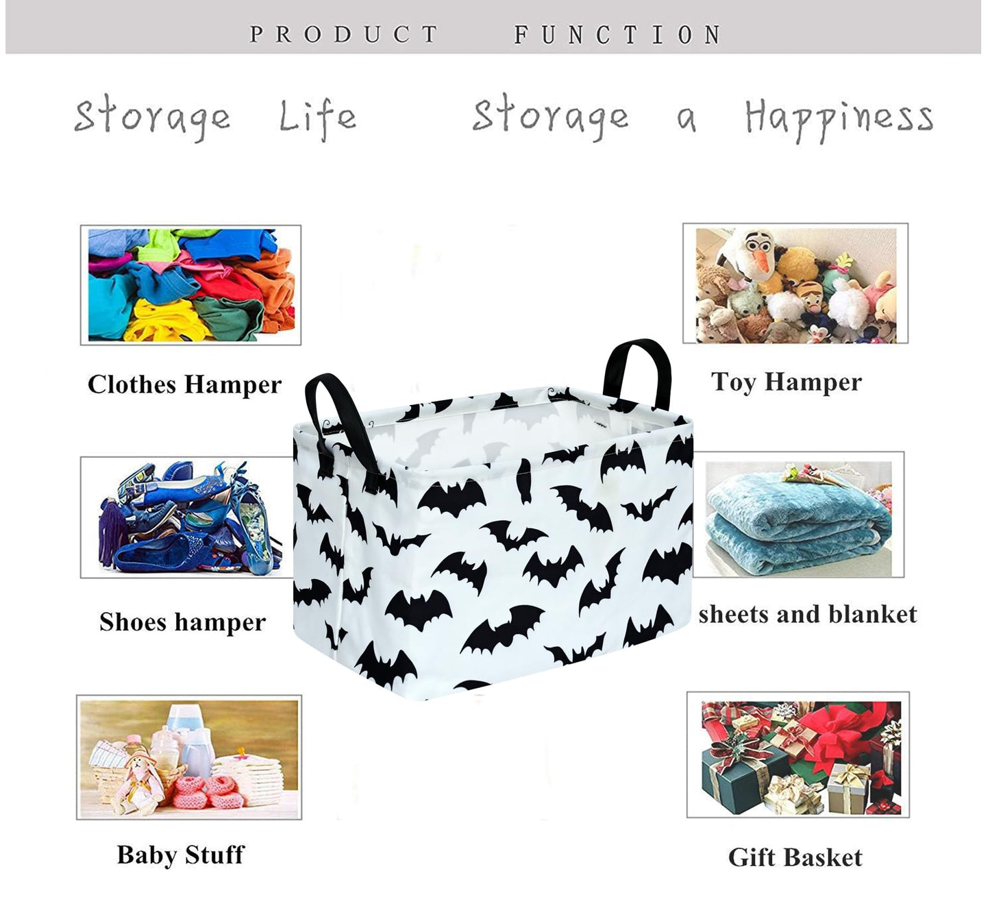 KUNRO Bat Pattern Halloween Storage Gift Basket Canvas Storage Bins with Handles Rectangle Storage Cubes Organizer for Bedroom Living Room