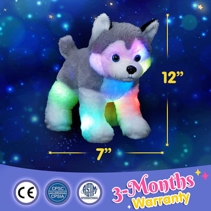 BSTAOFY 12’’ Musical Light up Husky Puppy Stuffed Animal Realistic LED Singing Dog Soft Plush Toy with Night Lights Glow in The Dark Birthday Valentines Christmas for Toddler Kids