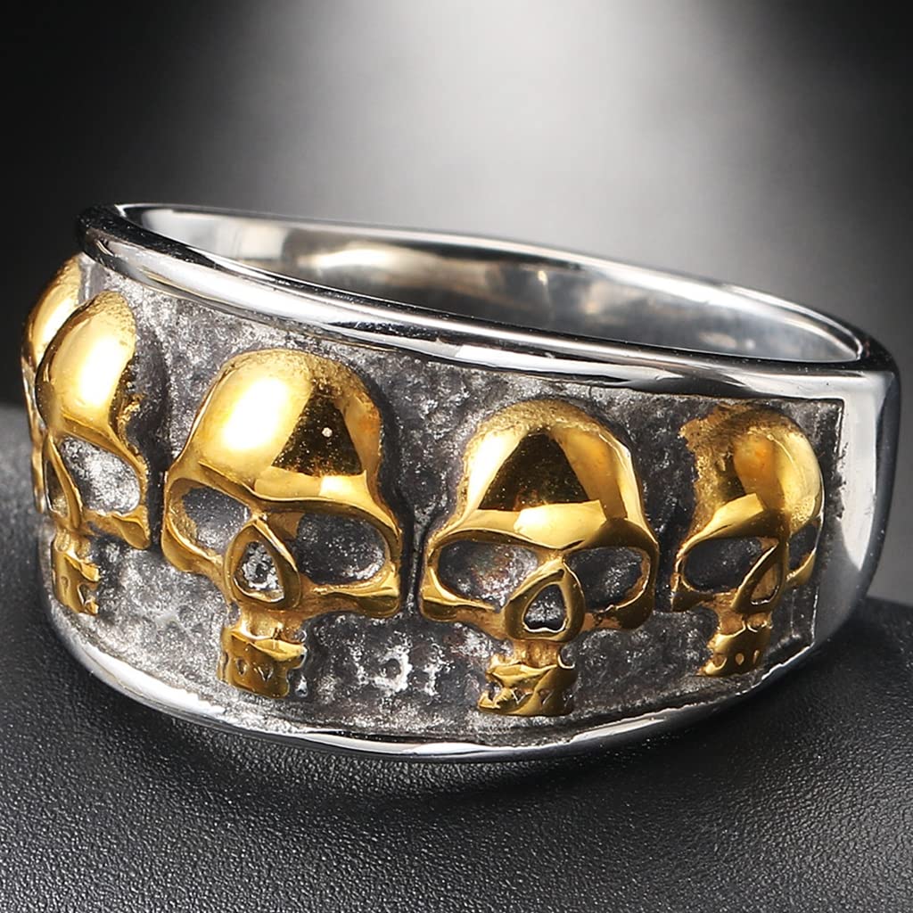 Jude Jewelers Retro Vintage Stainless Steel Gothic Death Skull Skeleton Cocktail Party Biker Statement Halloween Ring (Silver Gold, 9.5)