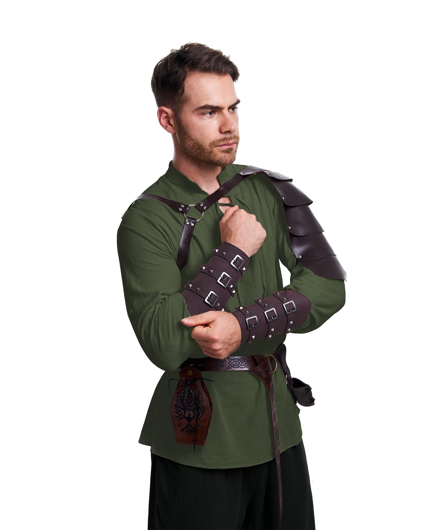 8 Pcs Men's Renaissance Costume Halloween Medieval Pirate Shirt Pant Viking Costume Accessories Set (Vivid Color, Large)