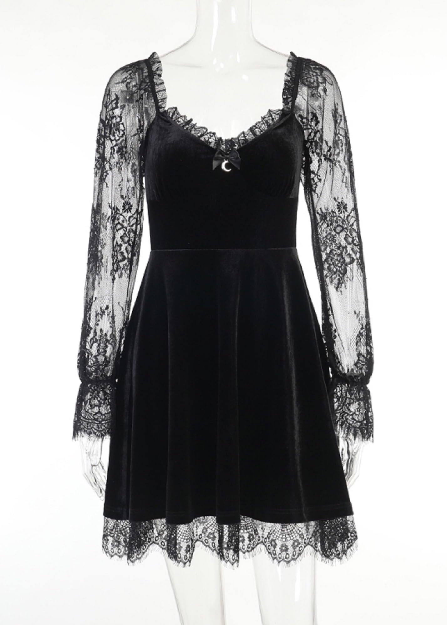 Goth Women Gothic Black Dress Dark V Neck Grunge Sexy Dress Aesthetic Autumn Vintage Long Sleeve Harajuku Mini Dress